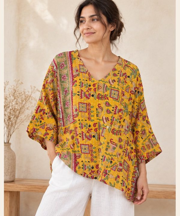 Yellow Folk Motif Patchwork Reversible Kantha Top – Handmade Vintage Cotton Sari Boho Top, Free Size