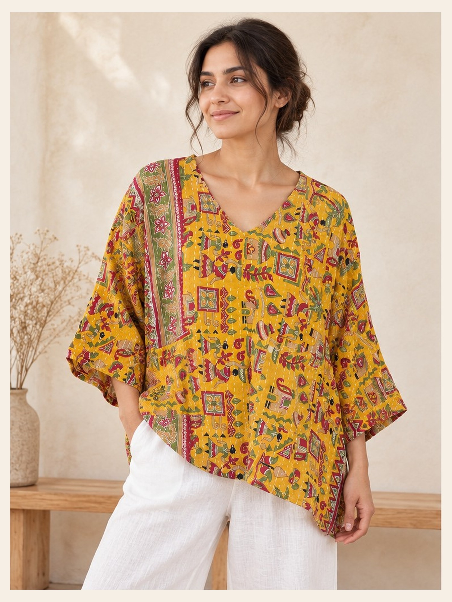 Yellow Folk Motif Patchwork Reversible Kantha Top – Handmade Vintage Cotton Sari Boho Top, Free Size