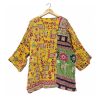 Yellow Folk Motif Patchwork Reversible Kantha Top – Handmade Vintage Cotton Sari Boho Top, Free Size - Image 4