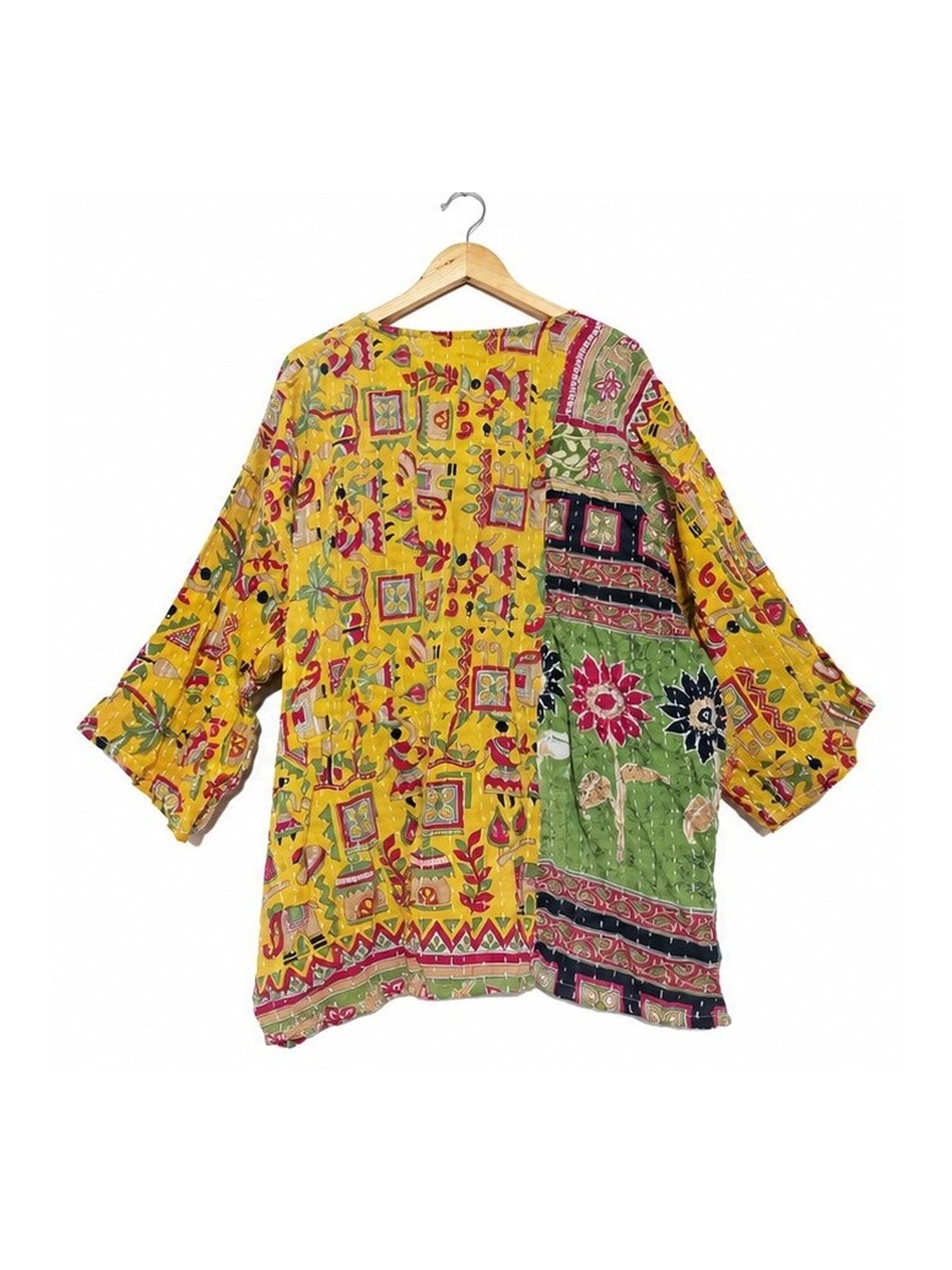 Yellow Folk Motif Patchwork Reversible Kantha Top – Handmade Vintage Cotton Sari Boho Top, Free Size - Image 4