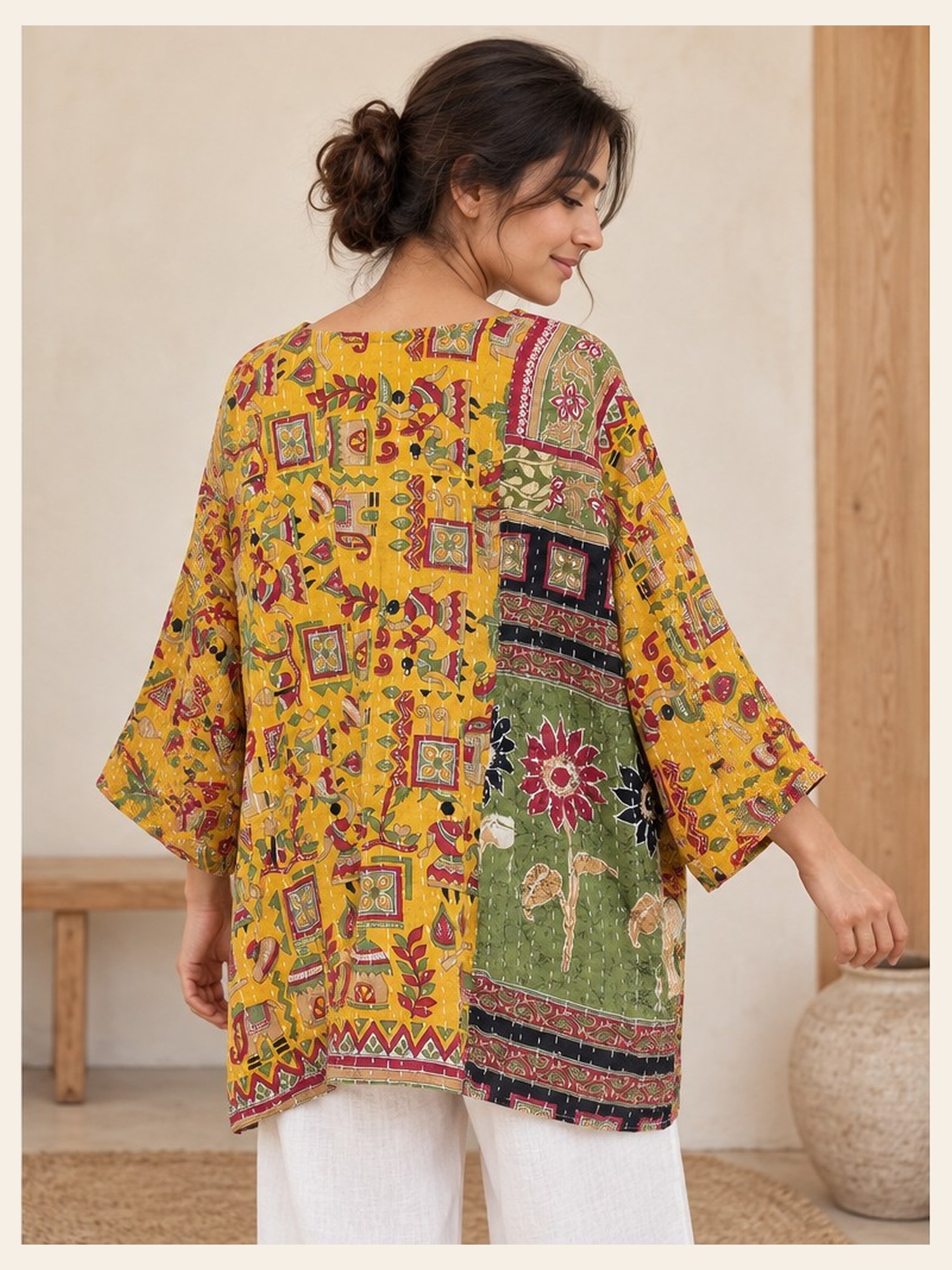 Yellow Folk Motif Patchwork Reversible Kantha Top – Handmade Vintage Cotton Sari Boho Top, Free Size - Image 5