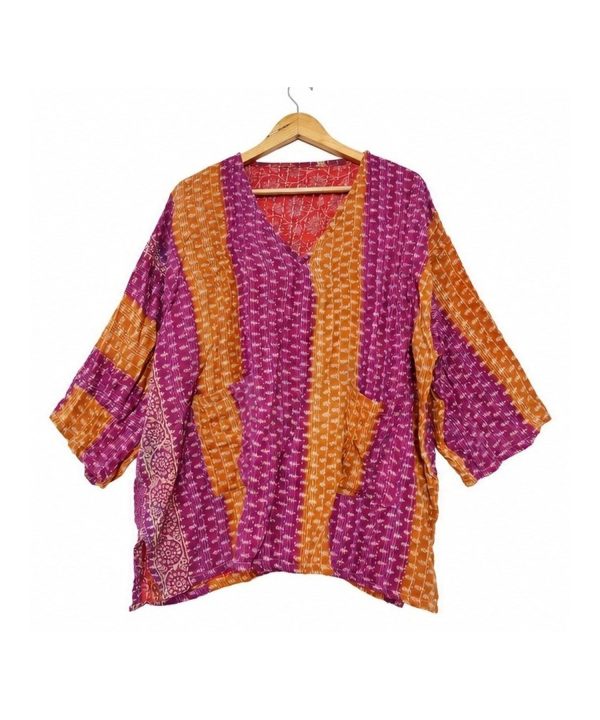 Alternative view of Magenta and Saffron Striped Reversible Kantha Top – Handmade Vintage Cotton Sari Boho Top, Free Size