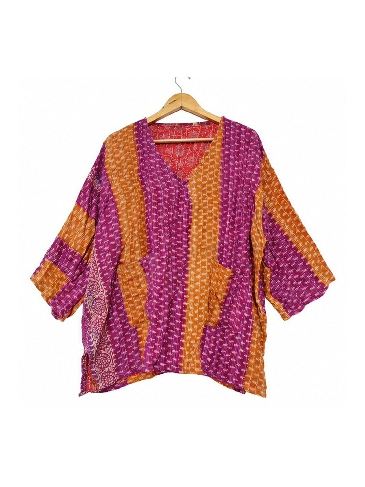 Magenta and Saffron Striped Reversible Kantha Top – Handmade Vintage Cotton Sari Boho Top, Free Size - Image 2