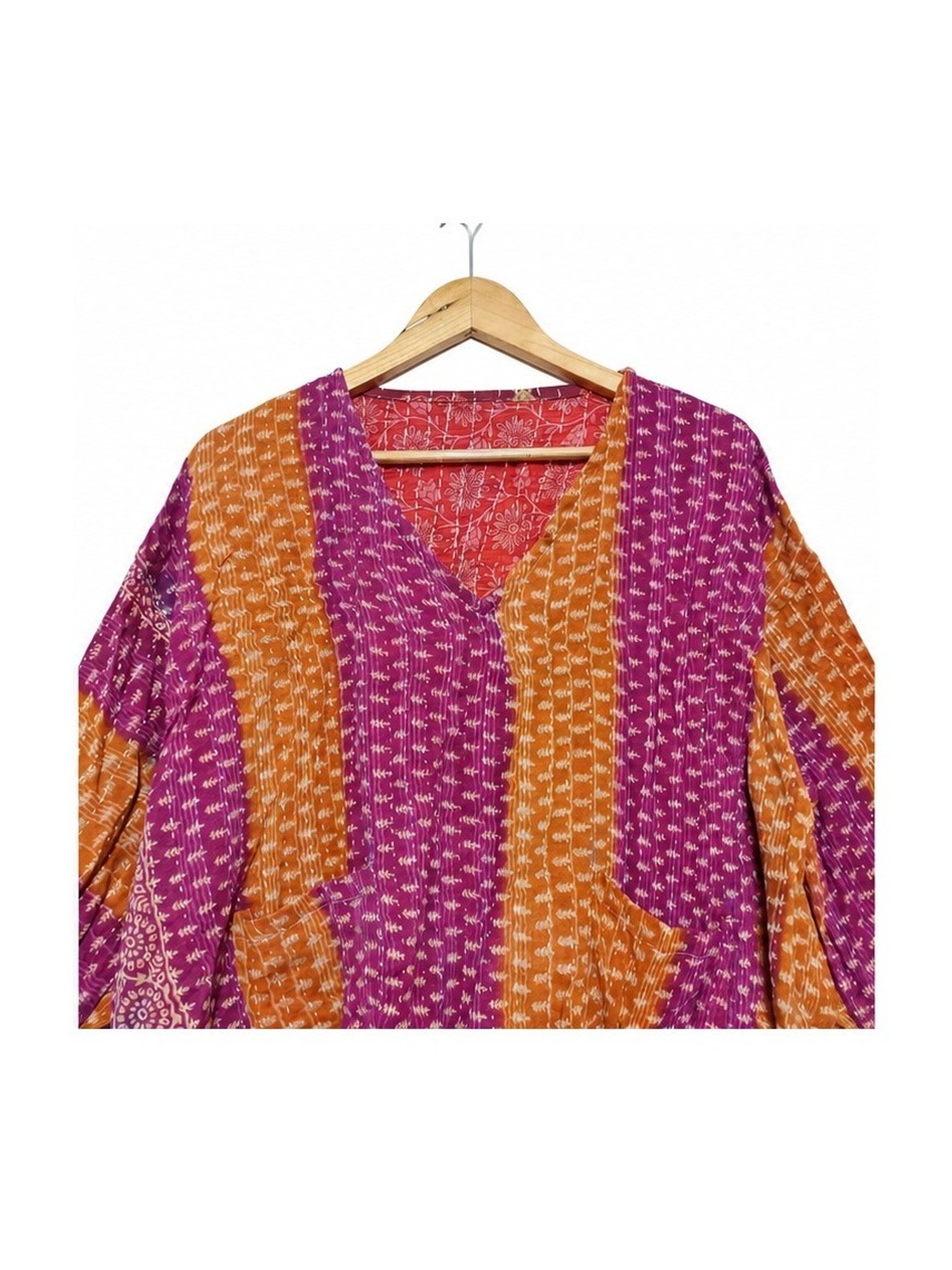 Magenta and Saffron Striped Reversible Kantha Top – Handmade Vintage Cotton Sari Boho Top, Free Size - Image 3
