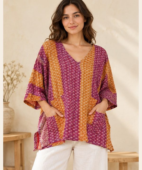 Magenta and Saffron Striped Reversible Kantha Top – Handmade Vintage Cotton Sari Boho Top, Free Size