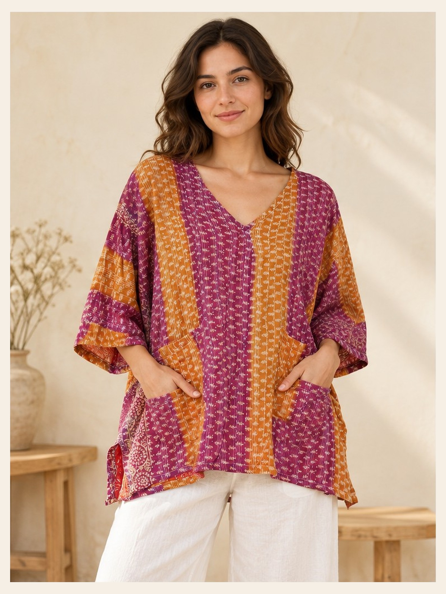 Magenta and Saffron Striped Reversible Kantha Top – Handmade Vintage Cotton Sari Boho Top, Free Size