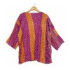 Magenta and Saffron Striped Reversible Kantha Top – Handmade Vintage Cotton Sari Boho Top, Free Size - Image 4