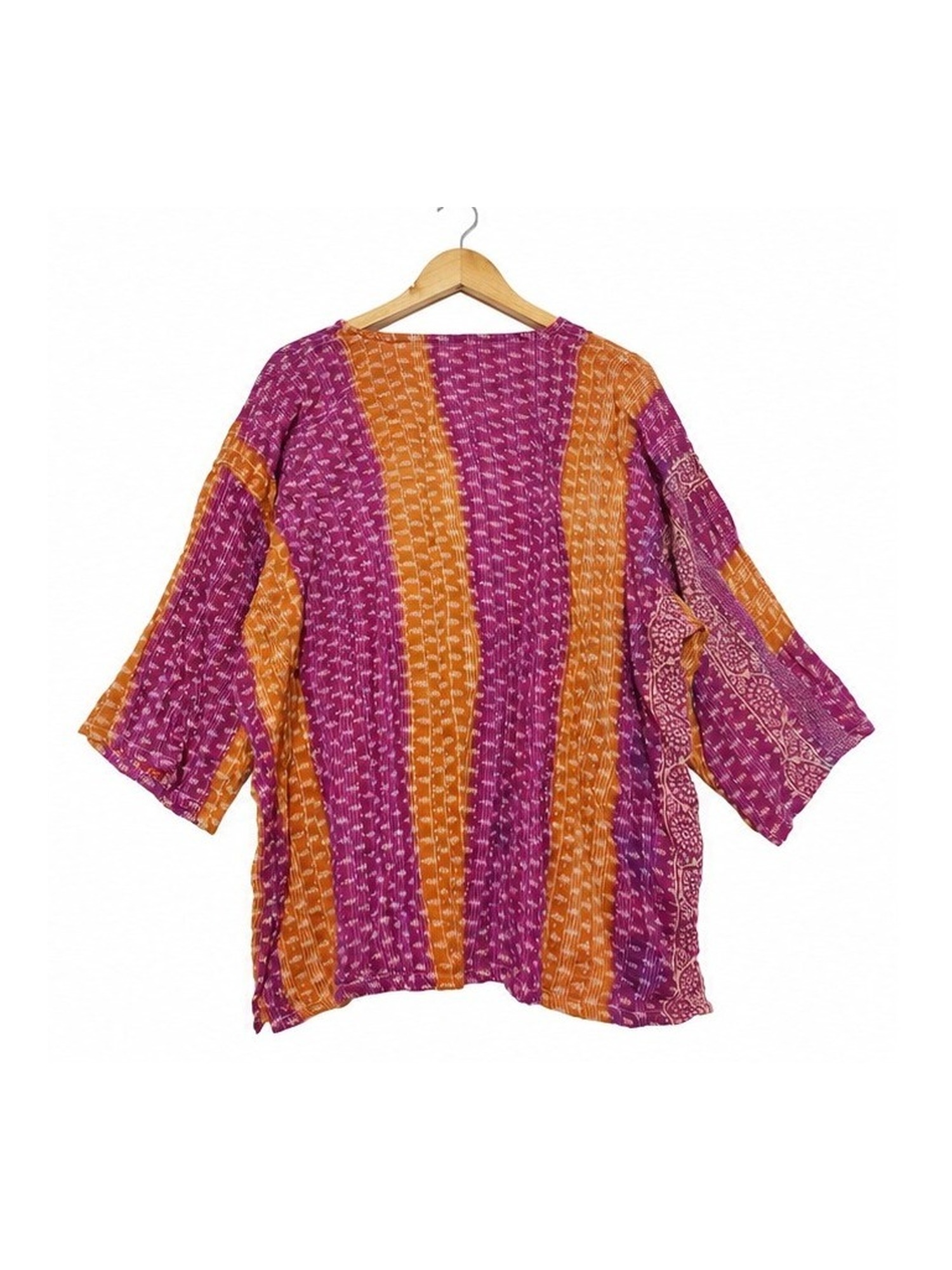 Magenta and Saffron Striped Reversible Kantha Top – Handmade Vintage Cotton Sari Boho Top, Free Size - Image 4