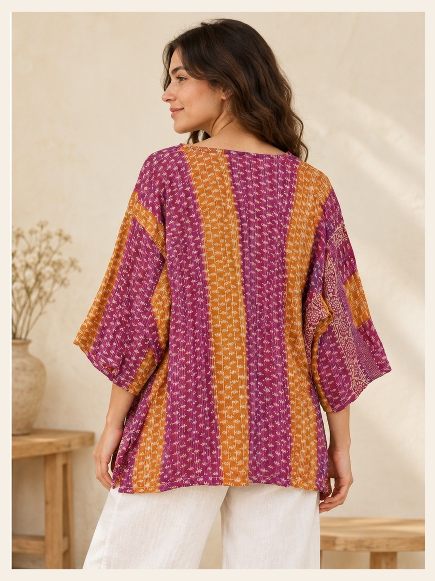 Magenta and Saffron Striped Reversible Kantha Top – Handmade Vintage Cotton Sari Boho Top, Free Size - Image 5