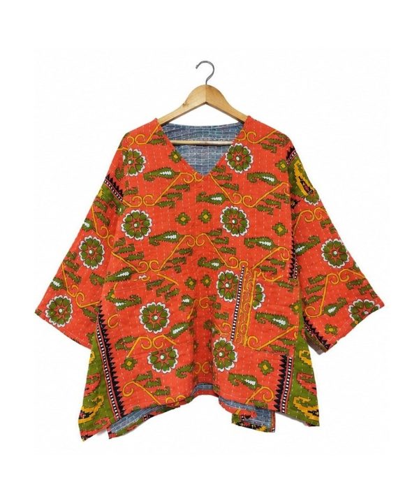 Alternative view of Orange and Olive Paisley Reversible Kantha Top – Handmade Vintage Cotton Sari Boho Top, Free Size