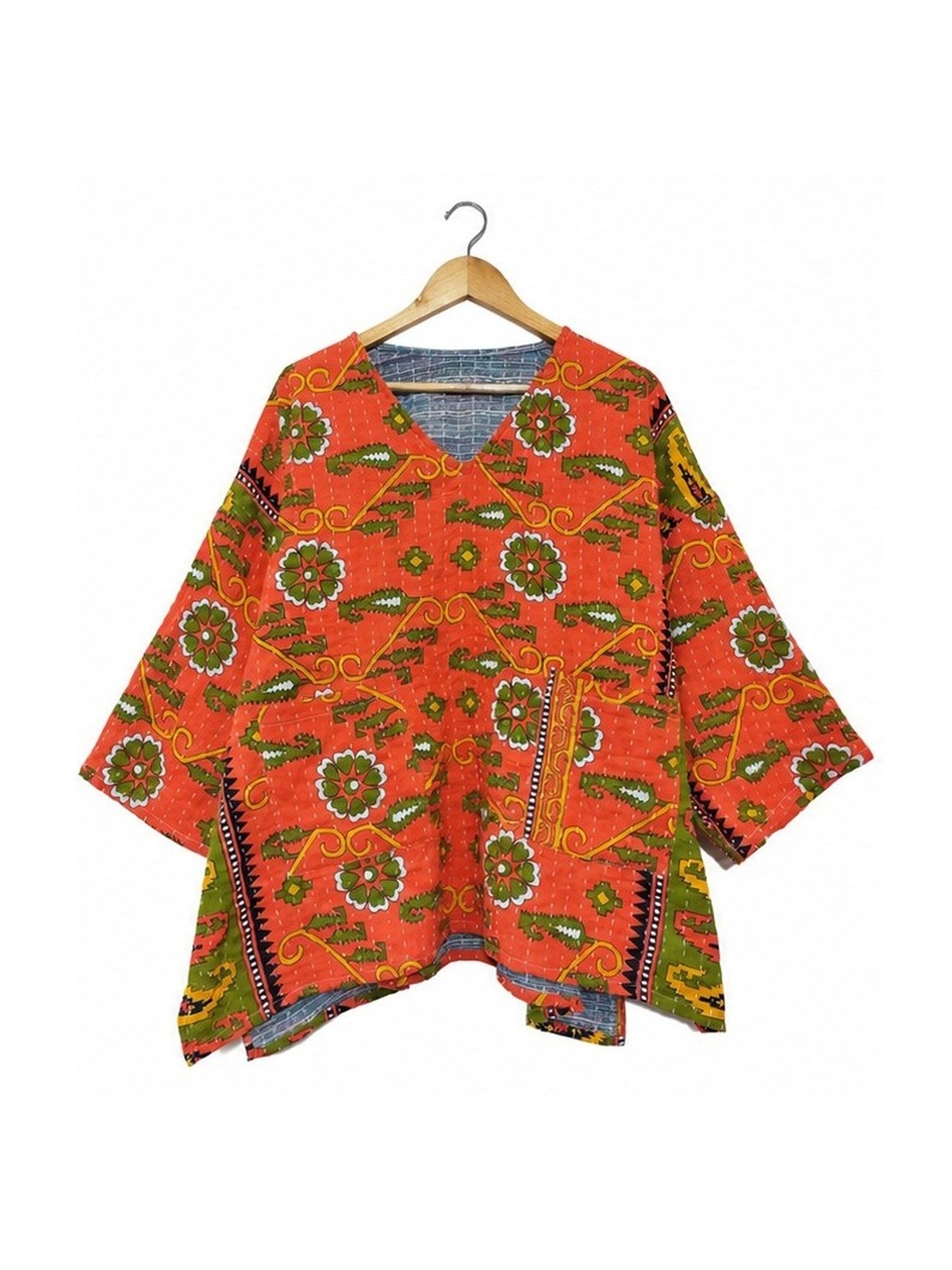Orange and Olive Paisley Reversible Kantha Top – Handmade Vintage Cotton Sari Boho Top, Free Size - Image 2