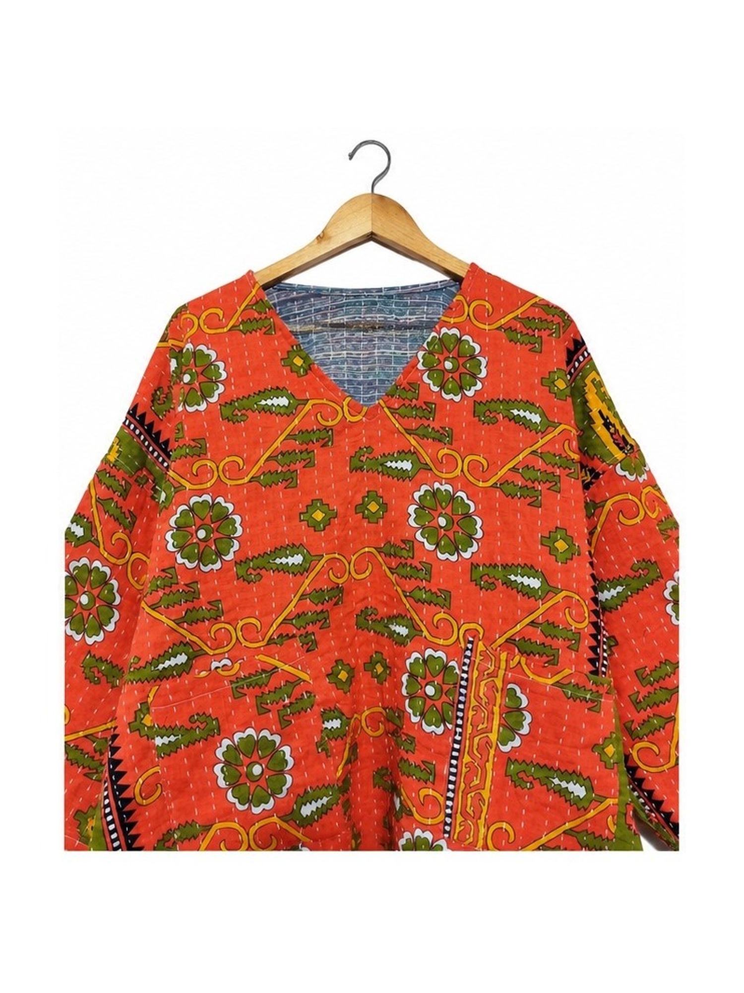 Orange and Olive Paisley Reversible Kantha Top – Handmade Vintage Cotton Sari Boho Top, Free Size - Image 3