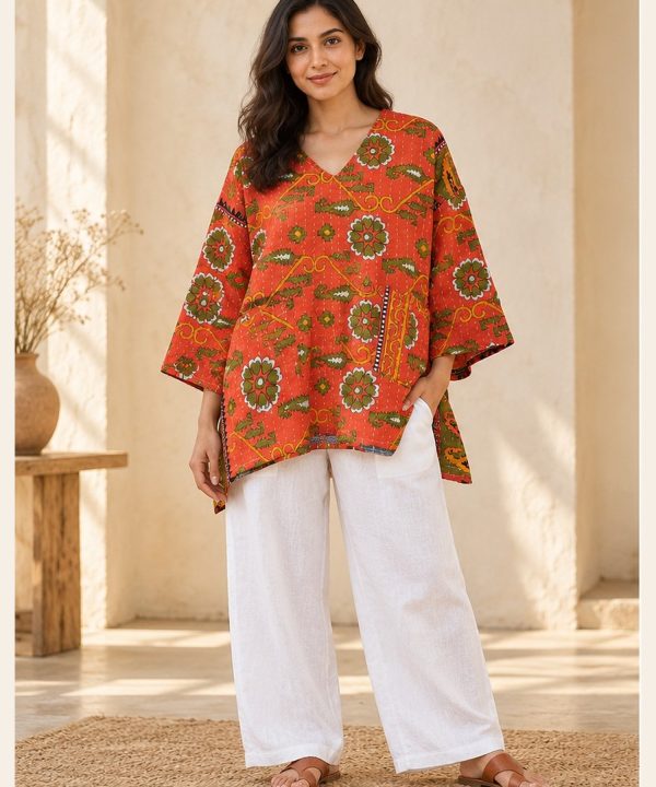 Orange and Olive Paisley Reversible Kantha Top – Handmade Vintage Cotton Sari Boho Top, Free Size