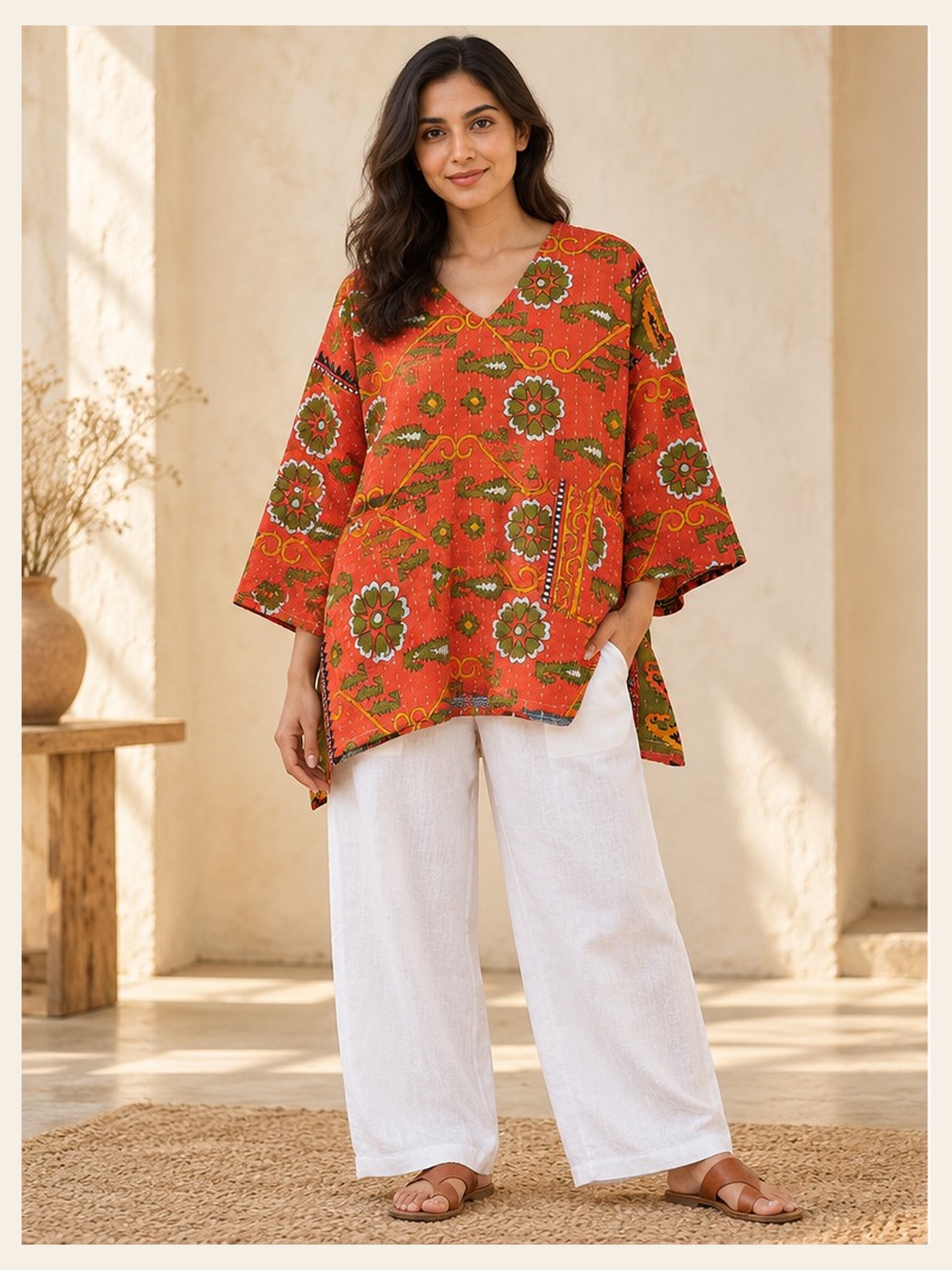 Orange and Olive Paisley Reversible Kantha Top – Handmade Vintage Cotton Sari Boho Top, Free Size