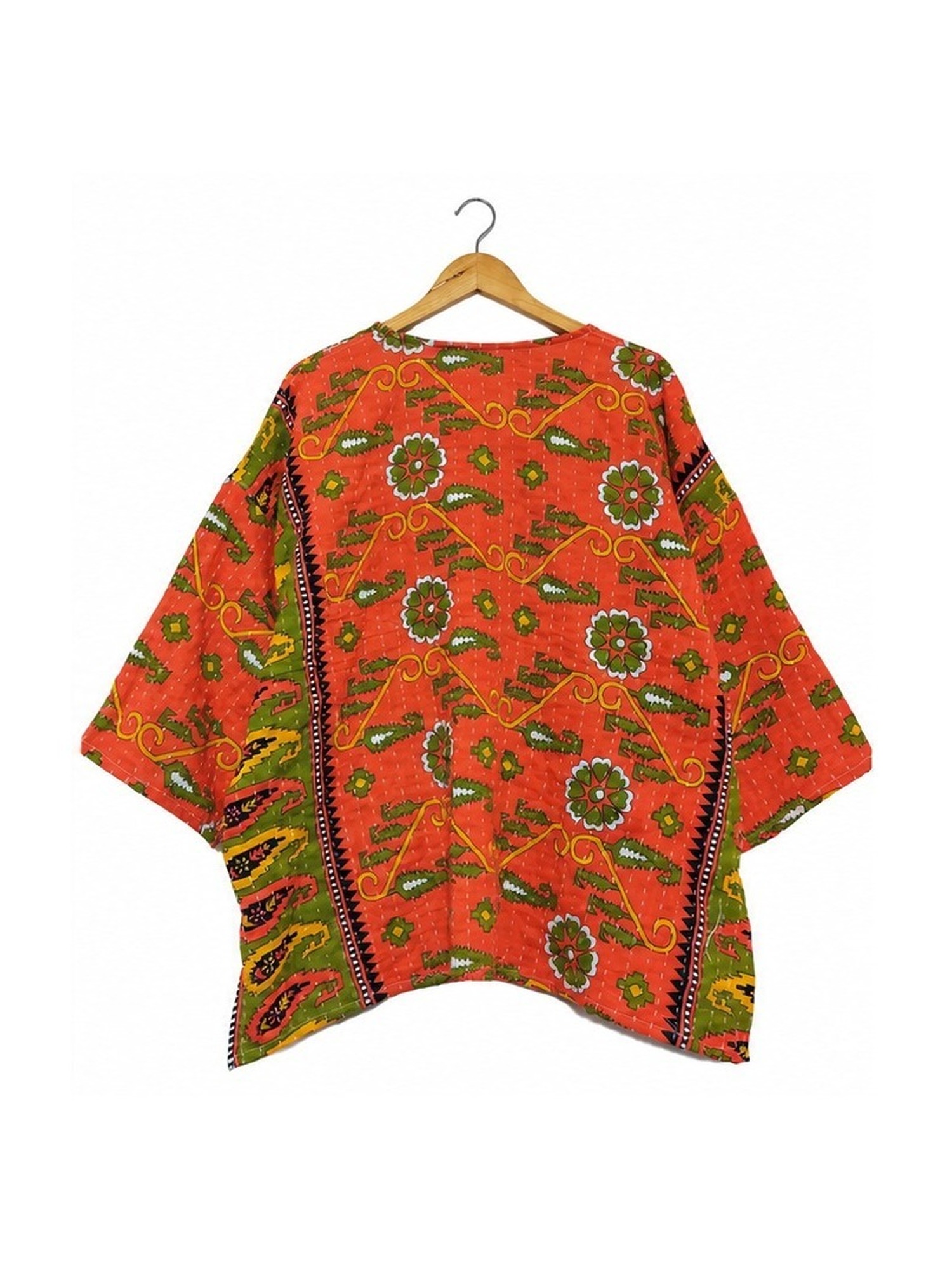 Orange and Olive Paisley Reversible Kantha Top – Handmade Vintage Cotton Sari Boho Top, Free Size - Image 4