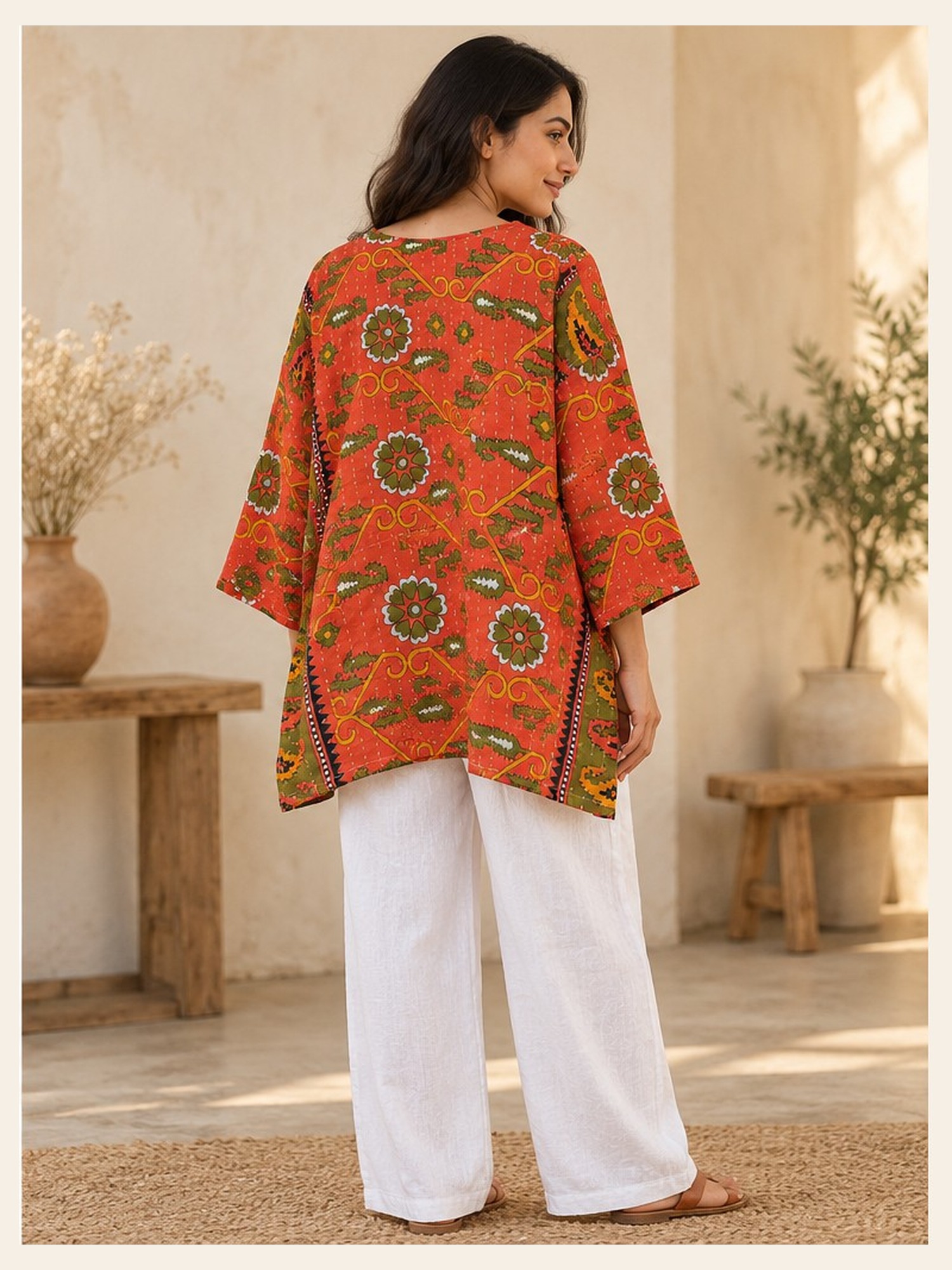 Orange and Olive Paisley Reversible Kantha Top – Handmade Vintage Cotton Sari Boho Top, Free Size - Image 5