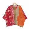 Red and Orange Block Print Patchwork Reversible Kantha Top – Handmade Vintage Cotton Sari Boho Top, Free Size - Image 2