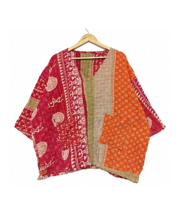 Alternative view of Red and Orange Block Print Patchwork Reversible Kantha Top – Handmade Vintage Cotton Sari Boho Top, Free Size