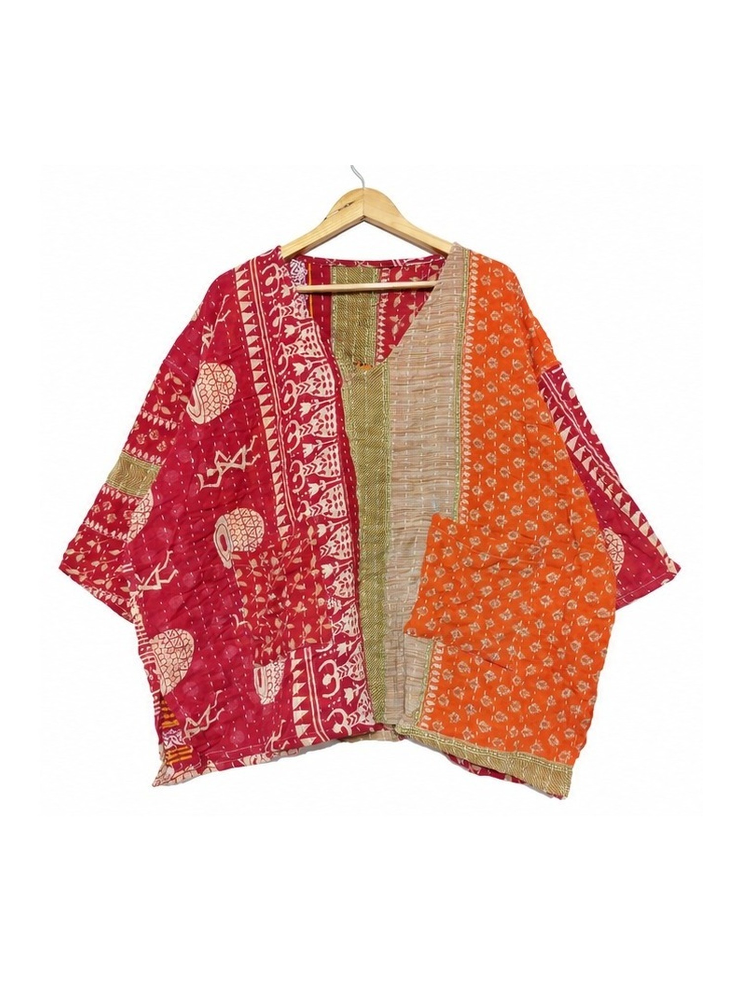 Red and Orange Block Print Patchwork Reversible Kantha Top – Handmade Vintage Cotton Sari Boho Top, Free Size - Image 2