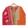 Red and Orange Block Print Patchwork Reversible Kantha Top – Handmade Vintage Cotton Sari Boho Top, Free Size - Image 3