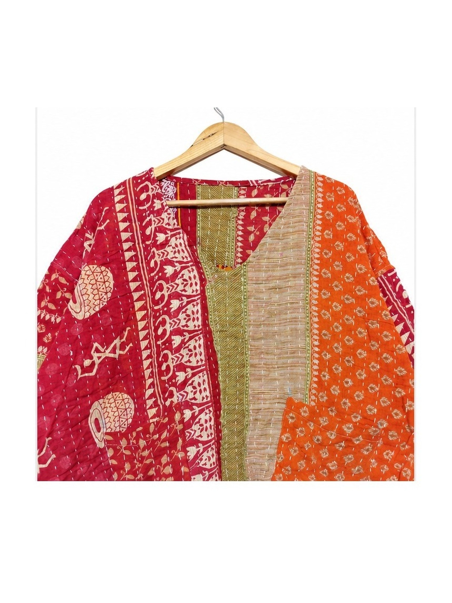 Red and Orange Block Print Patchwork Reversible Kantha Top – Handmade Vintage Cotton Sari Boho Top, Free Size - Image 3