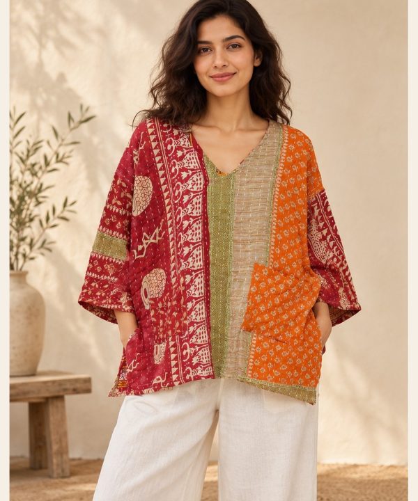 Red and Orange Block Print Patchwork Reversible Kantha Top – Handmade Vintage Cotton Sari Boho Top, Free Size