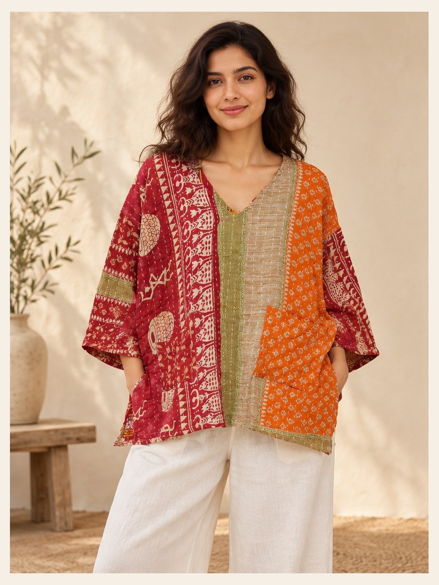 Red and Orange Block Print Patchwork Reversible Kantha Top – Handmade Vintage Cotton Sari Boho Top, Free Size