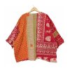 Red and Orange Block Print Patchwork Reversible Kantha Top – Handmade Vintage Cotton Sari Boho Top, Free Size - Image 4