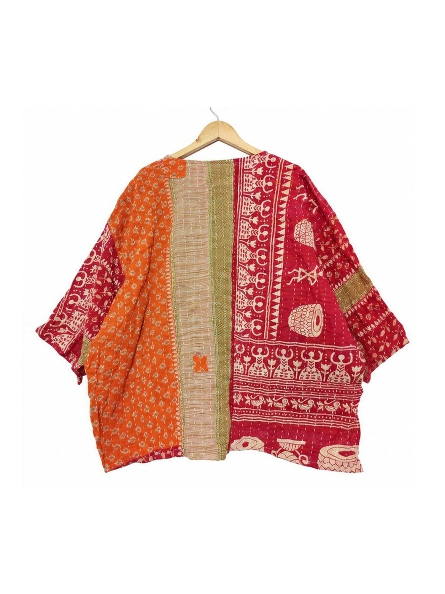 Red and Orange Block Print Patchwork Reversible Kantha Top – Handmade Vintage Cotton Sari Boho Top, Free Size - Image 4