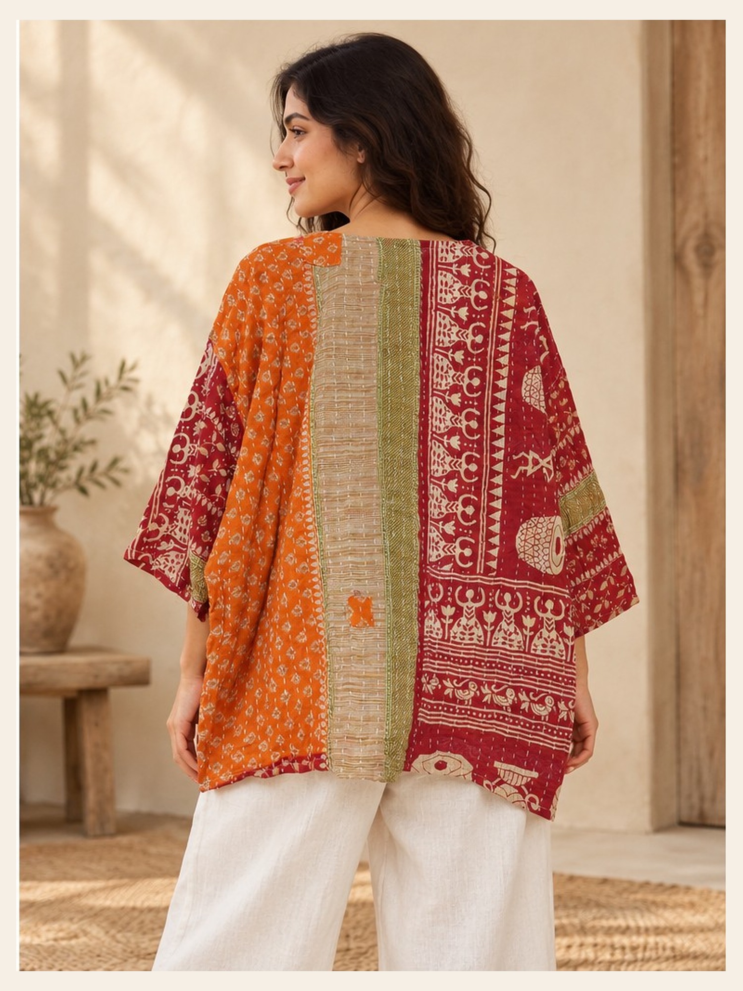 Red and Orange Block Print Patchwork Reversible Kantha Top – Handmade Vintage Cotton Sari Boho Top, Free Size - Image 5