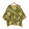Olive Green and Cream Floral Reversible Kantha Top – Handmade Vintage Cotton Sari Boho Top, Free Size - Image 2