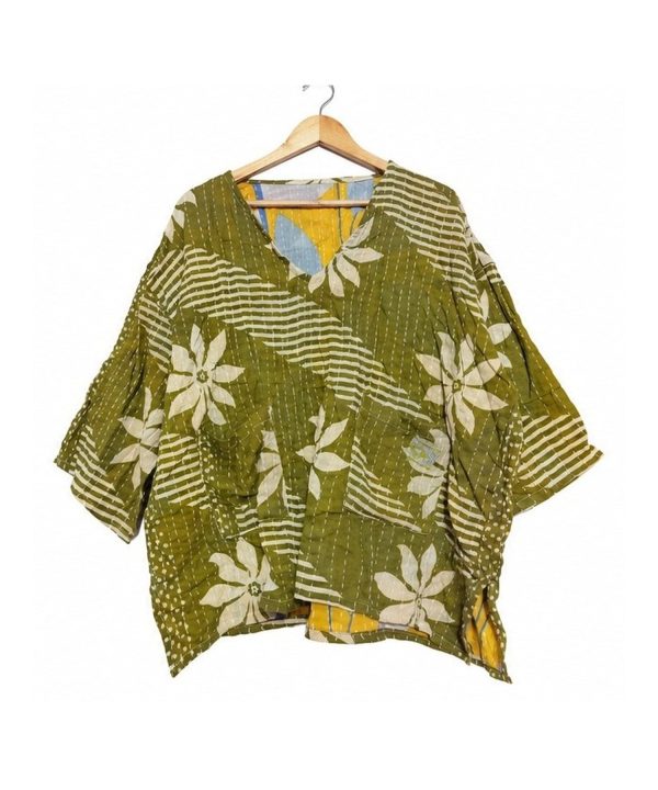 Alternative view of Olive Green and Cream Floral Reversible Kantha Top – Handmade Vintage Cotton Sari Boho Top, Free Size
