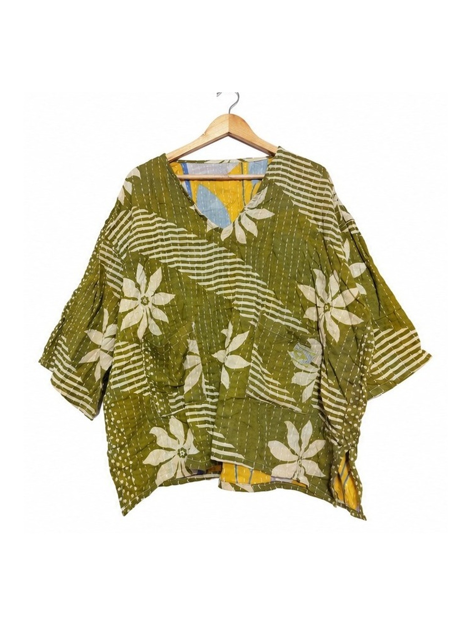 Olive Green and Cream Floral Reversible Kantha Top – Handmade Vintage Cotton Sari Boho Top, Free Size - Image 2