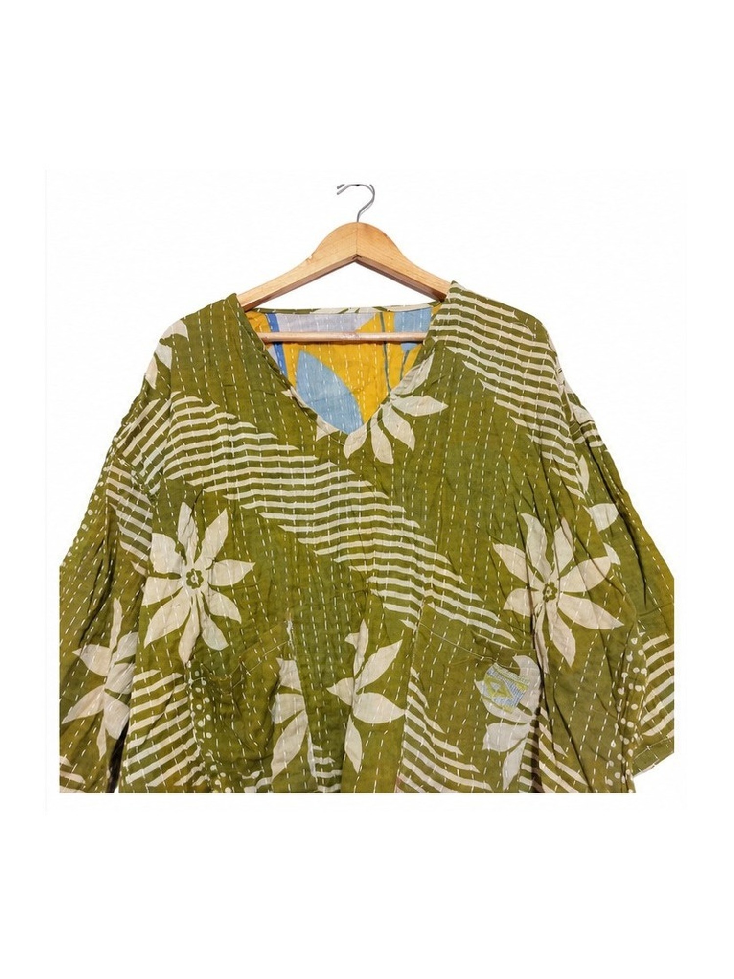 Olive Green and Cream Floral Reversible Kantha Top – Handmade Vintage Cotton Sari Boho Top, Free Size - Image 3