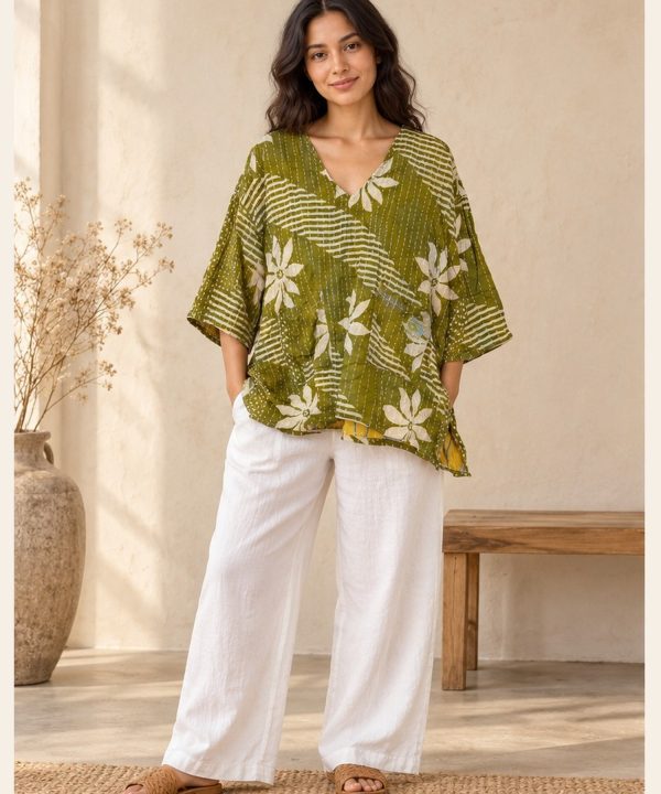 Olive Green and Cream Floral Reversible Kantha Top – Handmade Vintage Cotton Sari Boho Top, Free Size
