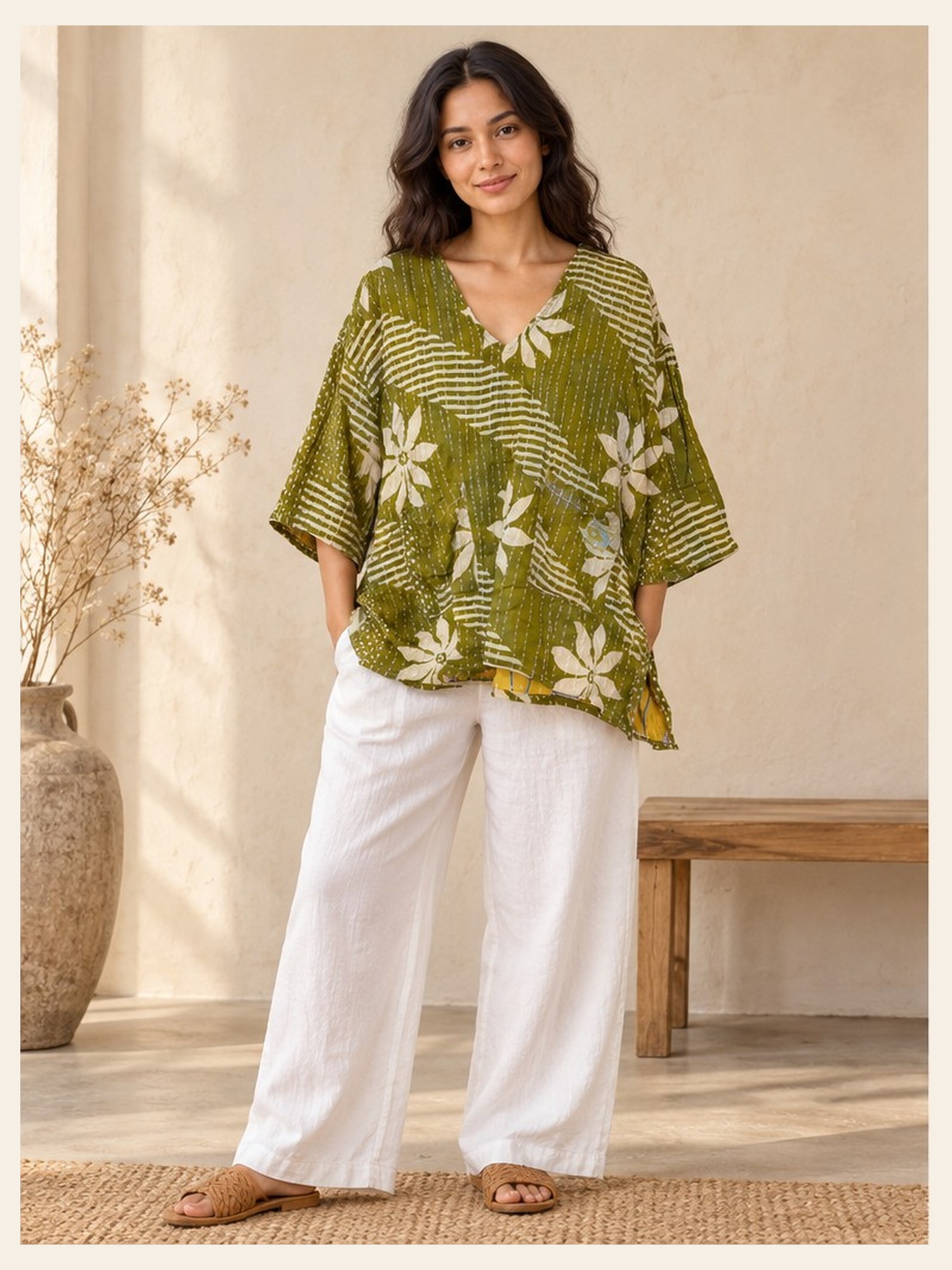Olive Green and Cream Floral Reversible Kantha Top – Handmade Vintage Cotton Sari Boho Top, Free Size