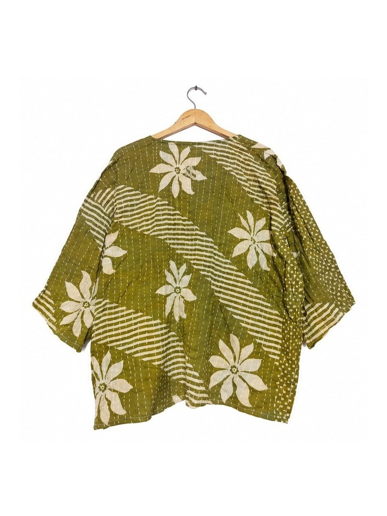 Olive Green and Cream Floral Reversible Kantha Top – Handmade Vintage Cotton Sari Boho Top, Free Size - Image 4