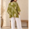 Olive Green and Cream Floral Reversible Kantha Top – Handmade Vintage Cotton Sari Boho Top, Free Size - Image 5