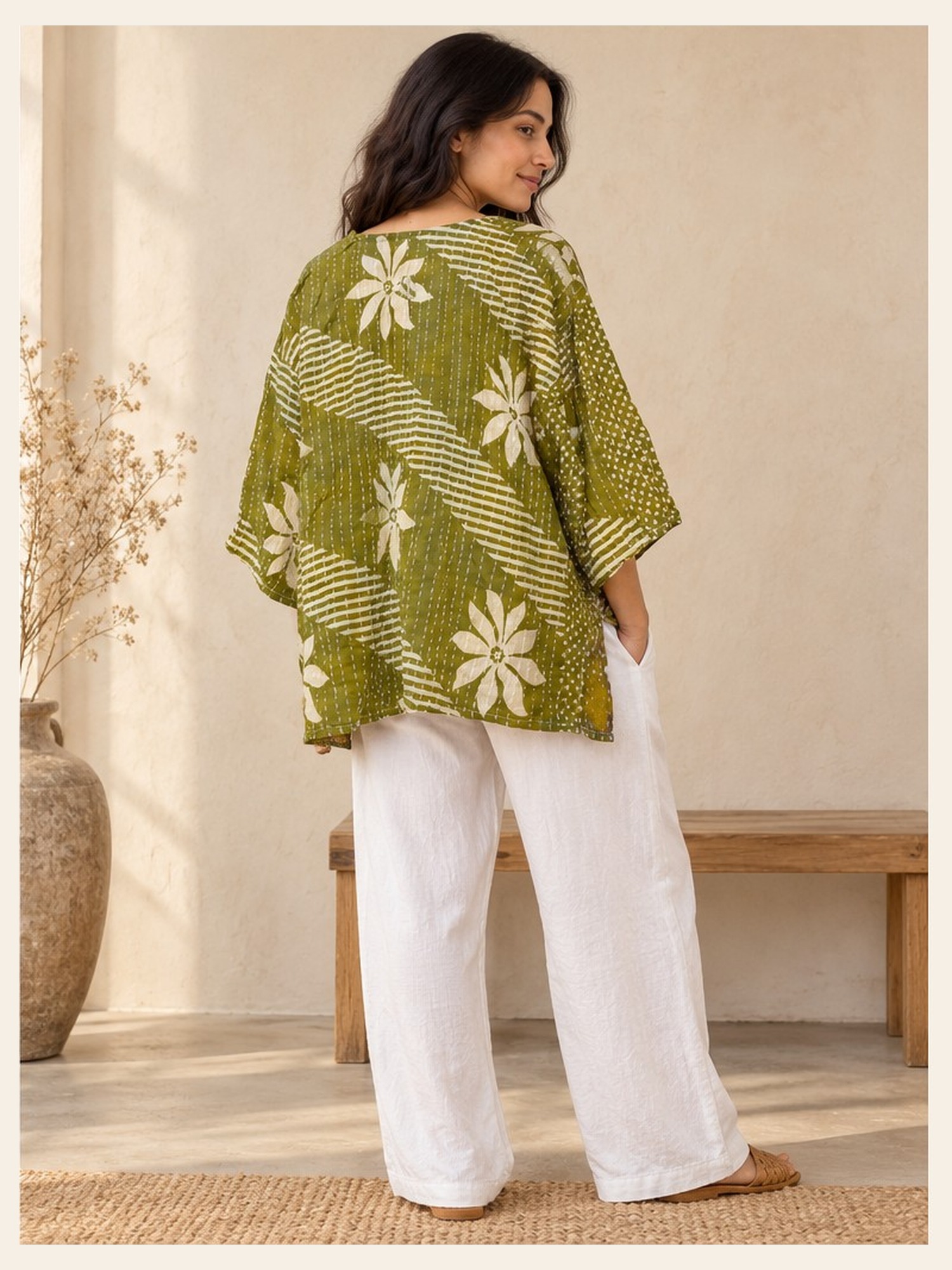 Olive Green and Cream Floral Reversible Kantha Top – Handmade Vintage Cotton Sari Boho Top, Free Size - Image 5
