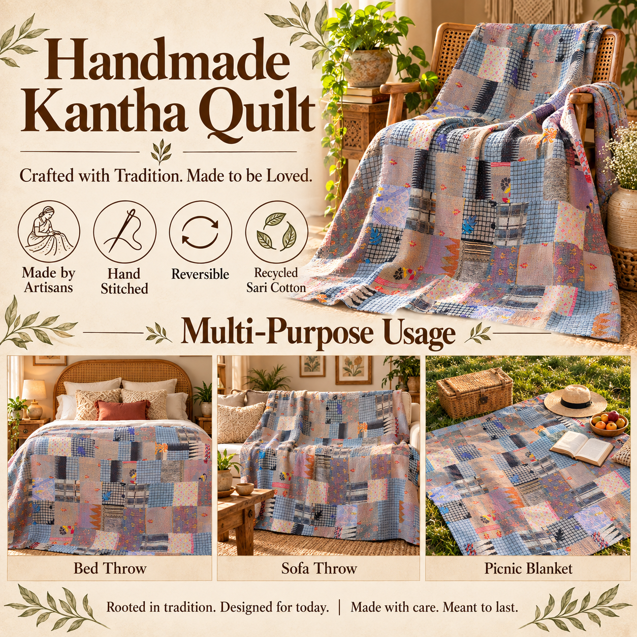 Assorted Grey Blue Patchwork Kantha Quilt 60x90 – Handmade Cotton Bedspread - Image 4