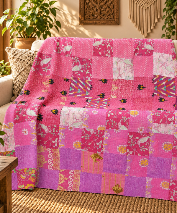 Assorted Pink Patchwork Kantha Quilt 60x90 – Handmade Cotton Bedspread