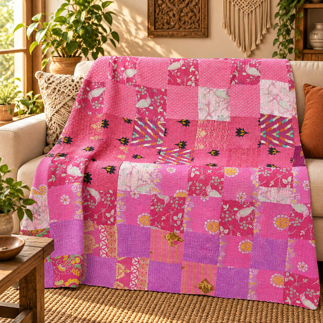 Assorted Pink Patchwork Kantha Quilt 60x90 – Handmade Cotton Bedspread