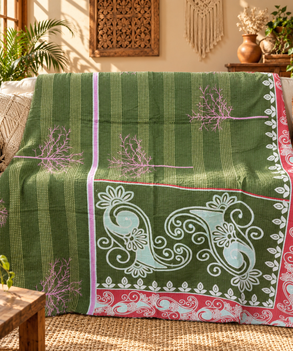 Olive Green Vintage Kantha Quilt – Paisley Floral Hand Stitched Cotton Throw 60x90 Inch