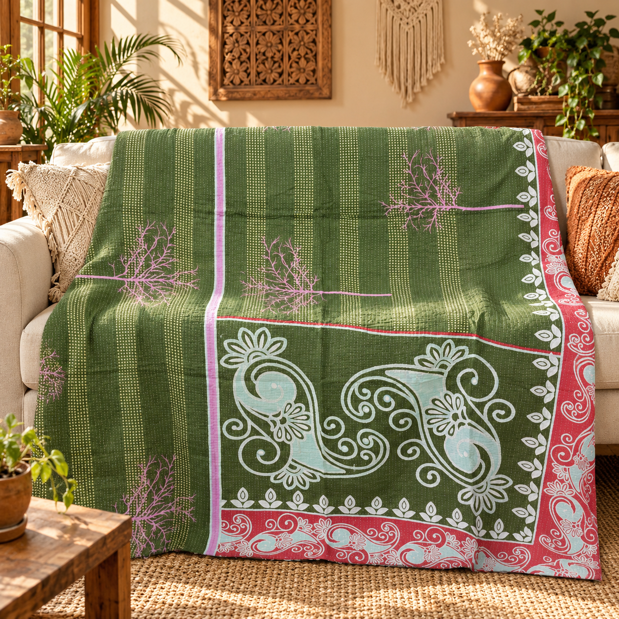 Olive Green Vintage Kantha Quilt – Paisley Floral Hand Stitched Cotton Throw 60x90 Inch