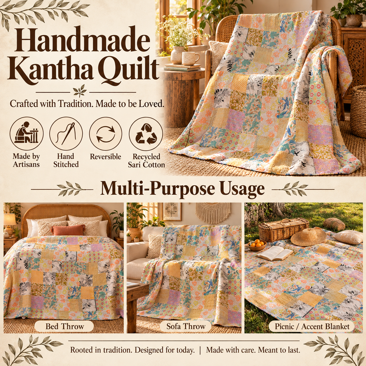 Assorted Pastel Patchwork Kantha Quilt 60x90 – Handmade Cotton Bedspread - Image 4