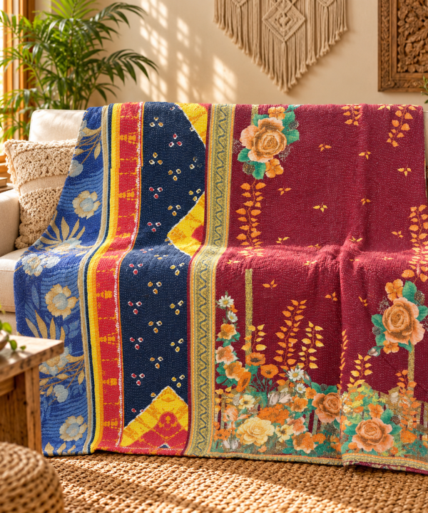 Burgundy Blue Floral Vintage Kantha Quilt – Handmade Cotton Indian Bedspread Throw 60x90 Inch