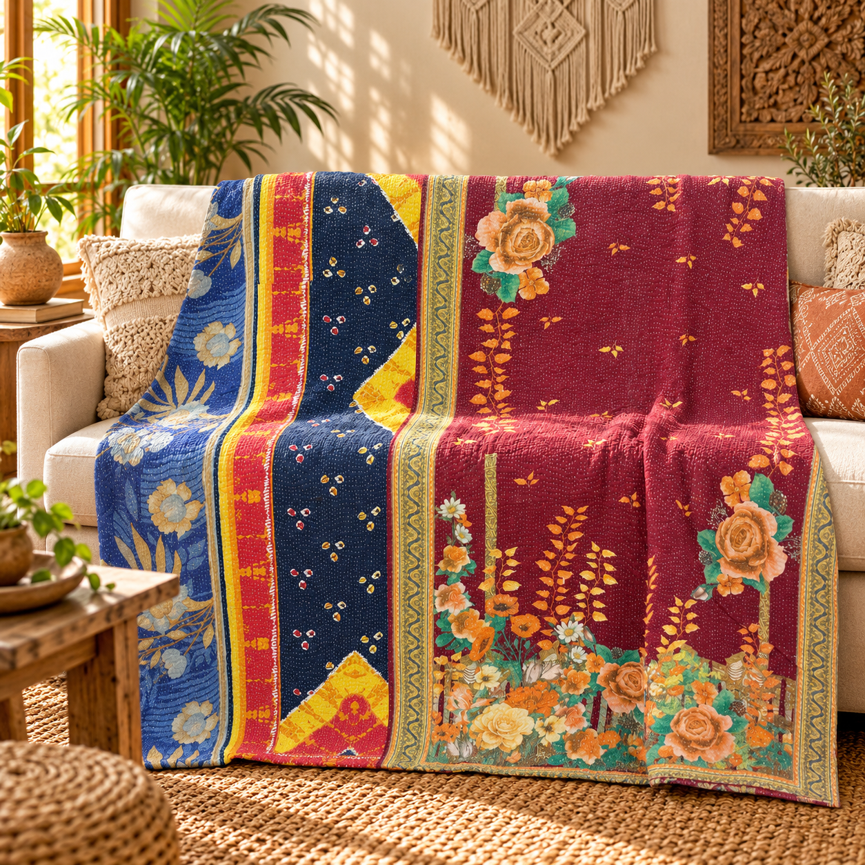 Burgundy Blue Floral Vintage Kantha Quilt – Handmade Cotton Indian Bedspread Throw 60x90 Inch