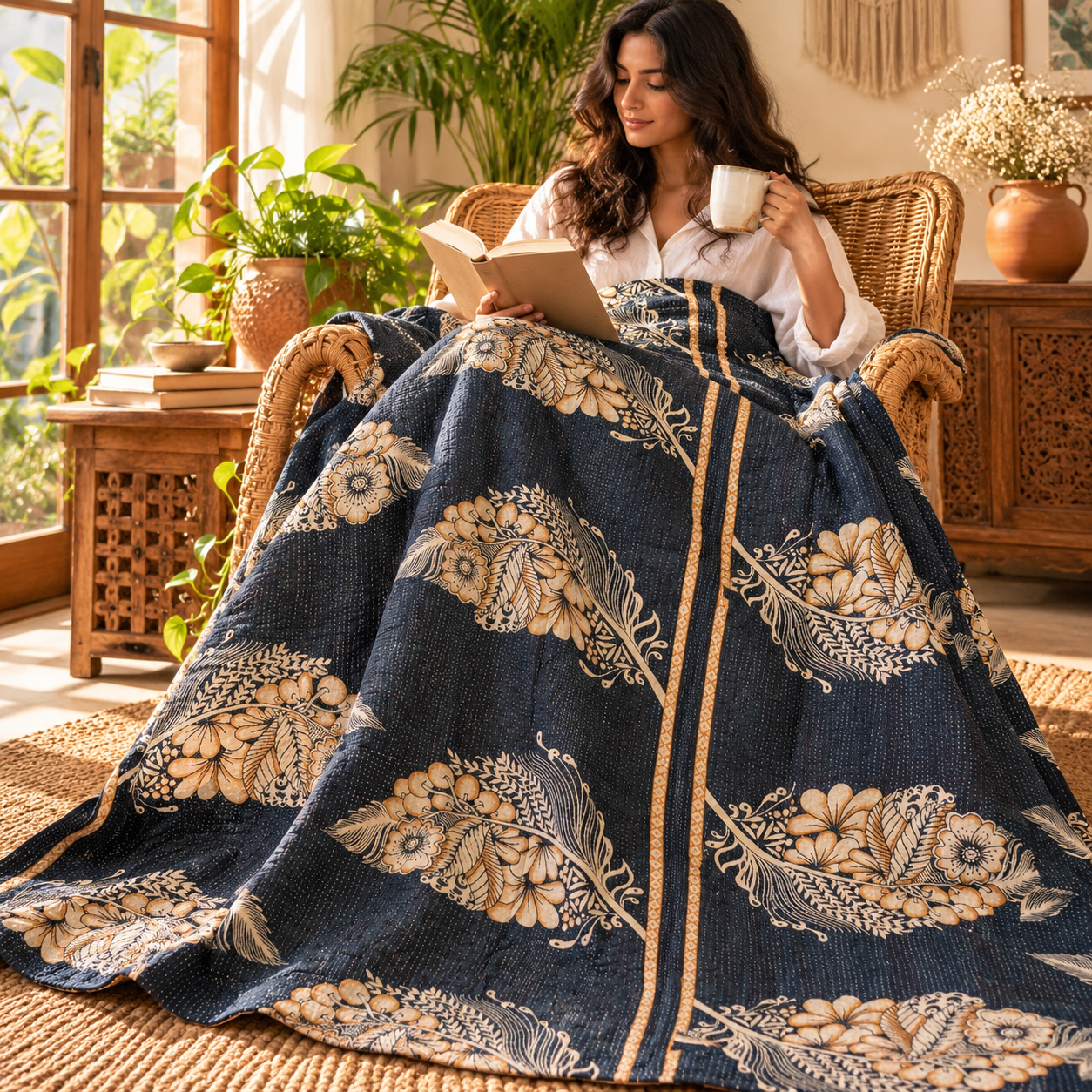 Navy Blue Beige Floral Vintage Kantha Quilt – Hand Stitched Recycled Cotton Bed Throw 60x90 Inch - Image 3