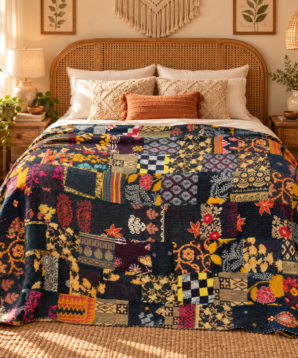 Alternative view of Assorted Black Patchwork Kantha Quilt 60x90 – Handmade Cotton Bedspread