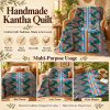 Teal Green Floral Vintage Kantha Quilt – Hand Stitched Recycled Sari Cotton Throw 60x90 Inch - Image 4